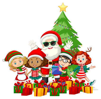 青年圣诞老人和孩子们穿着白色背景的圣诞服装卡通人物圣诞老人庆祝欢乐