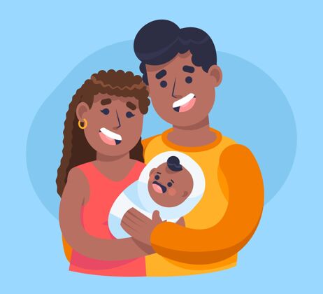 新生儿带宝宝的平面手绘黑色家庭插画婴儿插图女人
