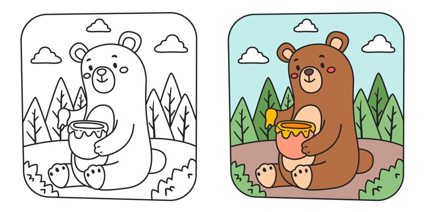 卡通带熊的儿童彩色插图着色插画孩子