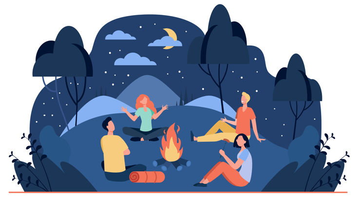 新月快乐的朋友坐在篝火旁的夏夜公寓插图卡通人物在火灾附近讲述可怕的故事篝火人物一起