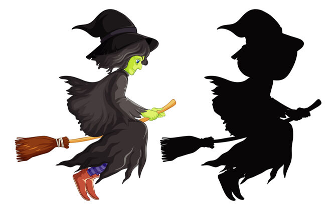 巫婆巫婆用扫帚在彩色和剪影卡通人物隔离在白色背景上阴影魔术师剪影