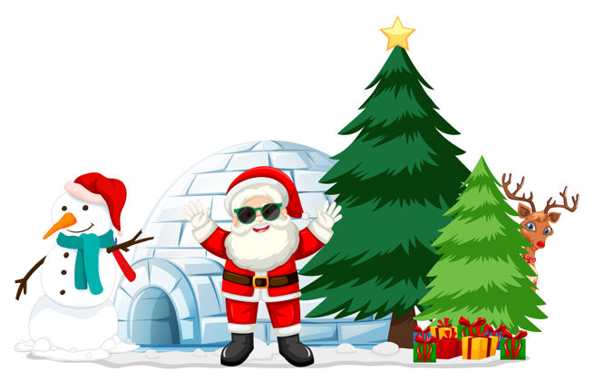 季节白色背景上有雪人和圣诞元素的圣诞老人红色微笑野生