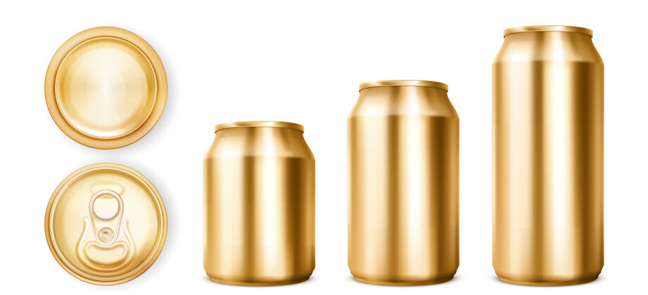 饮料前面是装苏打水或啤酒的金色铁罐 俯视图和俯视图铝瓶子视图