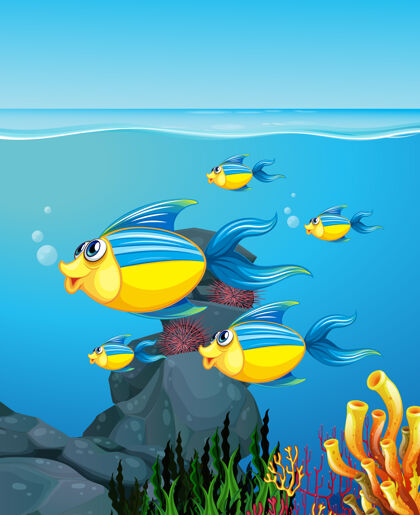 表情许多异国情调的鱼卡通人物在水下的背景水下生物可爱
