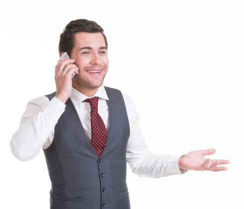 连接手机随手打电话的快乐男人画像概念交流电话手机个人资料