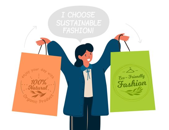 设计平面手绘可持续时尚插图与妇女拿着购物袋环保有机服装