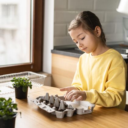 栽培小女孩在家里播种的侧视图种植蔬菜农学