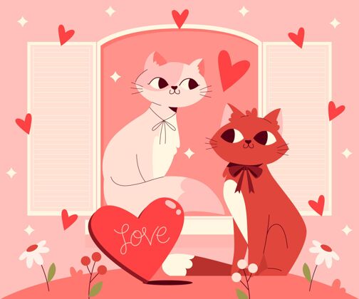 2月14日可爱的情人节猫情侣庆祝浪漫情人节
