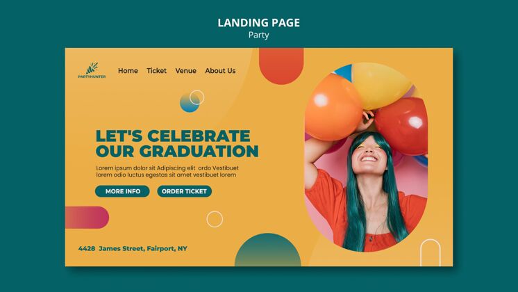 女性登陆页面与女人和气球派对庆祝活动聚会网站