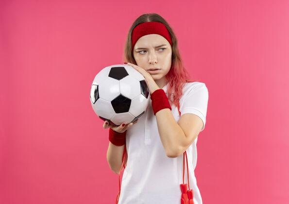 恐惧戴着头巾 拿着足球的年轻运动女郎站在粉红色的墙上 带着恐惧的表情向一边看人看姿势