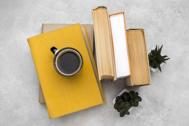 学习桌面上精装书的俯视图 有咖啡和多汁植物多汁书籍手稿