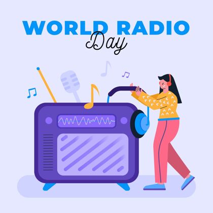插图世界广播日女人和大收音机通信广播广播