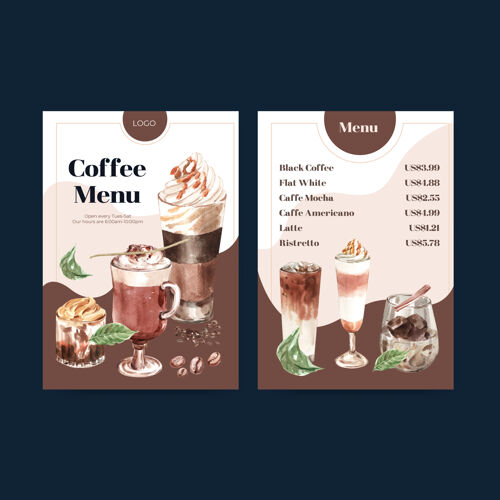 营销菜单模板与韩国咖啡风格的概念餐厅和小酒馆水彩画饮用饮料泡沫