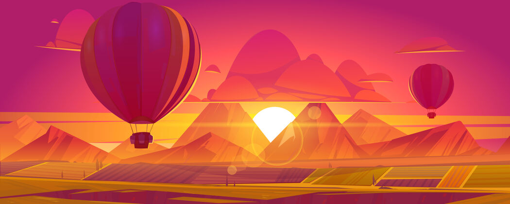 卡通热气球在田野上空飞舞 山峦在红色和橙色的天空中呈现出日落或日出的景色自然飞行插图