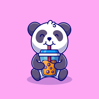 波巴可爱的熊猫喝波巴奶茶卡通图标插图动物食品图标概念隔离平面卡通风格熊猫稻草人物