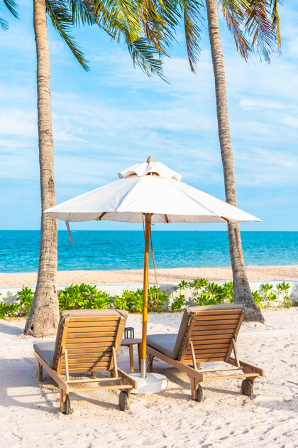 海岸酒店度假区的户外游泳池周围有雨伞和躺椅 有海边沙滩和椰子树甲板椅景观豪华