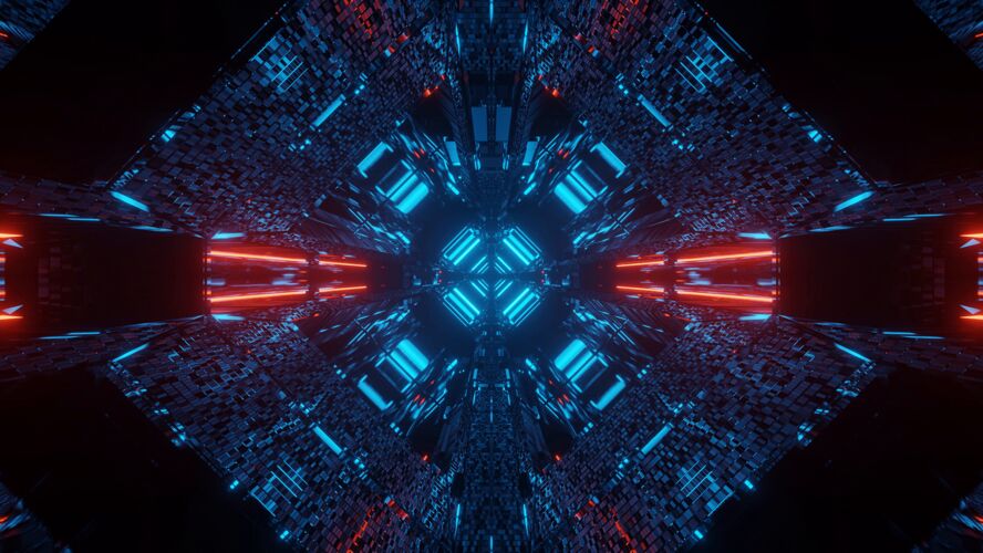 黑色红色和蓝色霓虹灯的抽象科幻未来主义背景波浪数字装饰