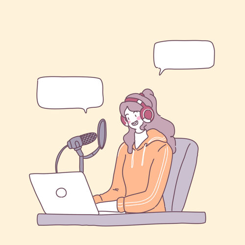 卡通一个年轻的女人在笔记本电脑上直播去做买卖网络播客广播