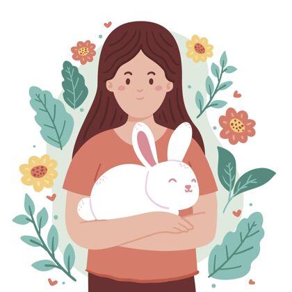 平面手持兔子插图的手绘女人插图素食生物