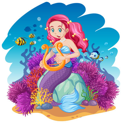 水美人鱼和海洋动物主题卡通风格的海洋背景下海洋雌性幻想