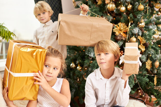 庆祝三个可爱的兄弟姐妹坐在装饰好的新年树旁 手里拿着圣诞礼物的盒子 感到不耐烦 神情好奇快乐的童年 快乐的节日圣诞节孩子幸福