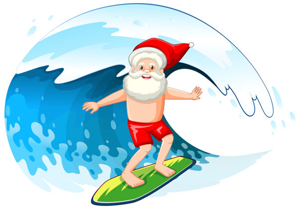季节圣诞老人在海浪上冲浪过圣诞节自然活跃自然