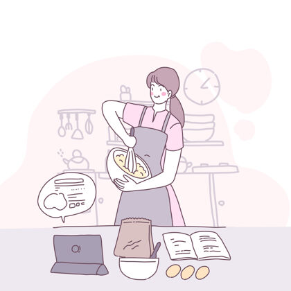 美食矢量平面插图与一个女孩谁在厨房做饭家厨房厨师