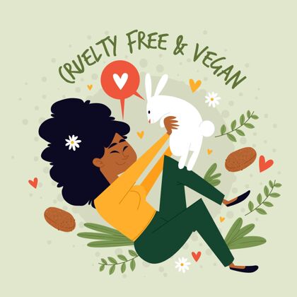 动物残忍自由和素食主义的信息与妇女举行兔子插图平面友好插图