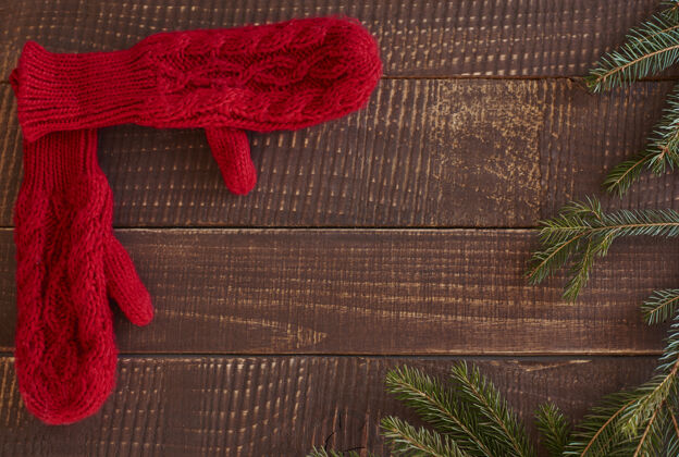 细枝羊毛手套的高角度视图保护圣诞节羊毛