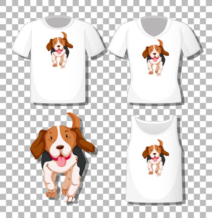狗可爱的狗卡通人物与一套不同的衬衫隔离在透明衬衫比格犬生活