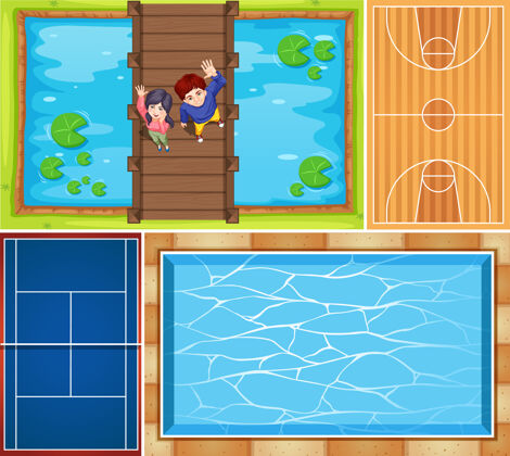 建筑空中游泳池和篮球场的场景水圆形小屋