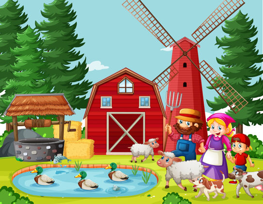 农场老麦克唐纳在农场与谷仓和风车的场景儿童户外歌曲