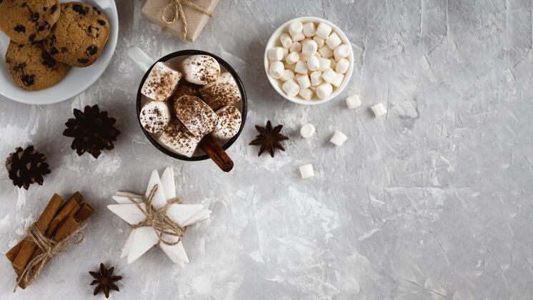 棉花糖美味的热巧克力概念与复制空间冬季水平复制空间