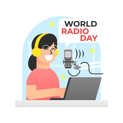 平面平面设计世界广播日与女人平面设计复古扬声器
