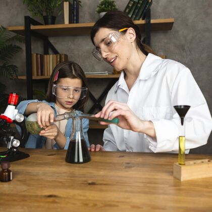考试女孩和女老师用显微镜做科学实验测试女人炼金术