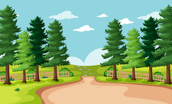 卡通空旷的自然公园景色木头前面景观