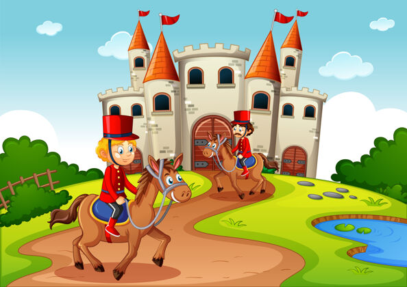 建筑童话场景与城堡和士兵锦衣卫场景战士士兵孩子