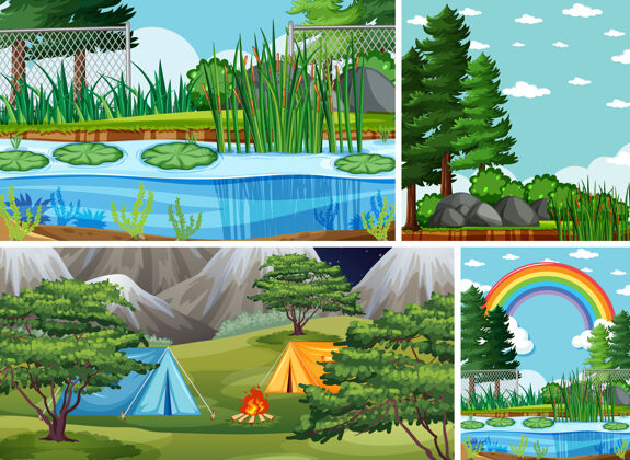 玩四个不同的场景在自然设置卡通风格叶植物操场