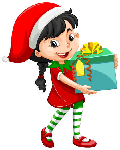 女孩可爱的女孩在圣诞节服装举行礼品盒卡通人物年轻聚会学生
