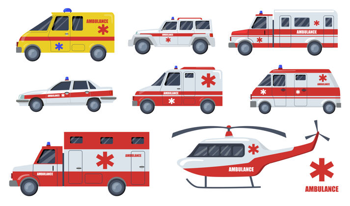 运输医疗保健运输平台项目集卡通救护车和车辆设计隔离矢量插图集应急 运输 救援服务和快速救援的概念支持医疗保健运输