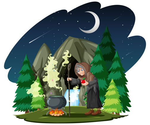 自然巫师或女巫在黑暗的森林里用魔法壶药水巫师术士