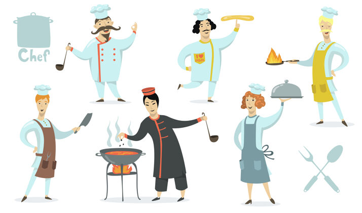 美味厨师穿着围裙和炊具帽套装专业烹饪餐厅饭菜矢量插图为食物 烹饪 厨房 工作 传统烹饪理念帽子国家插图