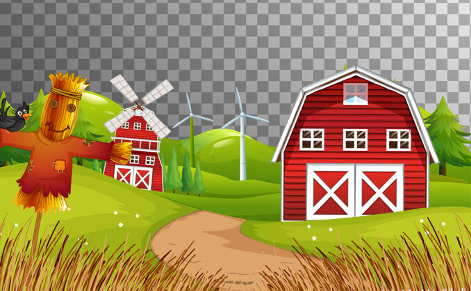 剪贴画农场与红色谷仓和风车隔离稻草人户外树