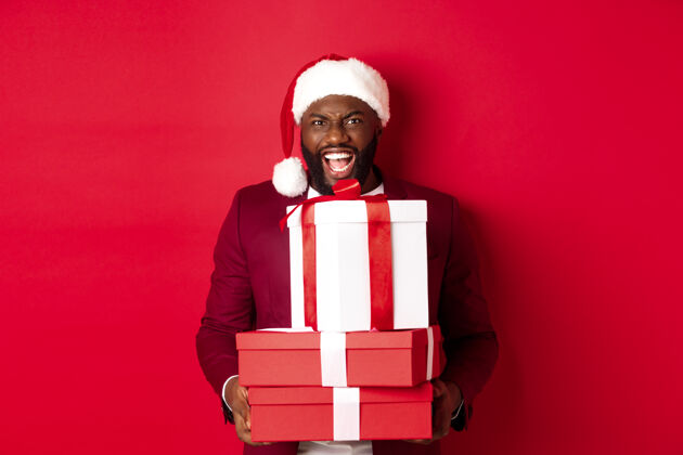 男人圣诞 新年和购物理念表情圣诞节非洲