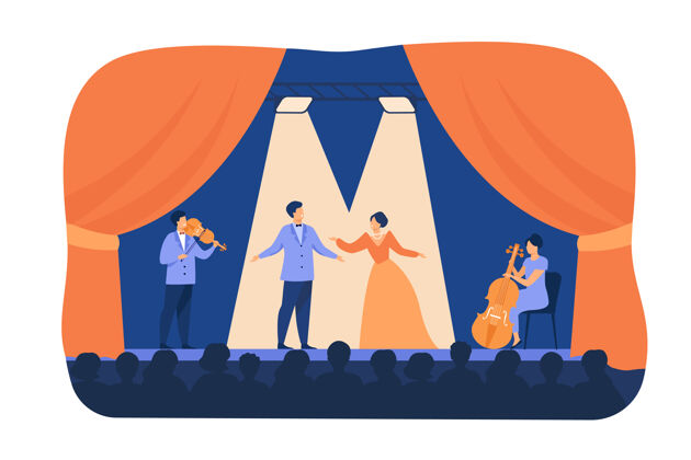 表演歌剧演员和音乐家在舞台上表演剧院演员穿着戏服 站在聚光灯下 在观众面前唱歌平面卡通插画为戏剧 表演理念服装娱乐插画