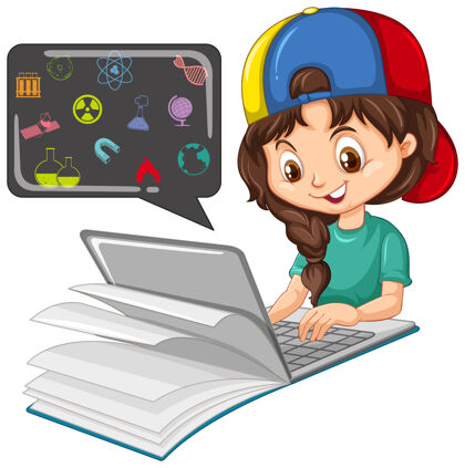 互联网女孩在笔记本电脑上搜索教育图标科学人教育