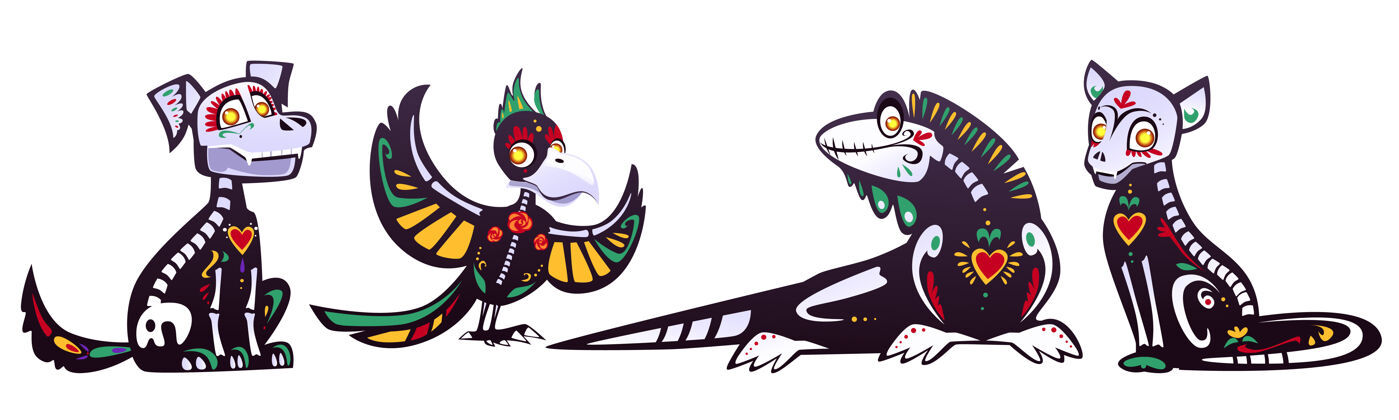 卡通墨西哥动物亡日由黑猫 狗 鹦鹉和蜥蜴组成的卡通套装 有丰富多彩的骨头 头骨 心脏和花朵图案花糖头骨