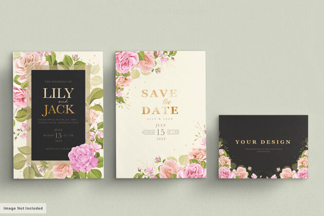 保存日期婚礼卡片集美丽的花朵和叶子婚礼花设置