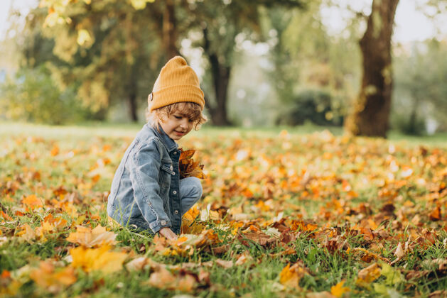 卷发可爱的男孩在秋天公园玩树叶黄色帽子森林温暖