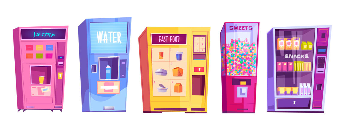 前台自动售货机 配有零食 快餐 水 冰淇淋和糖果卡通自动售货机 用于销售食品 糖果和饮料 背景为白色零售水消费者